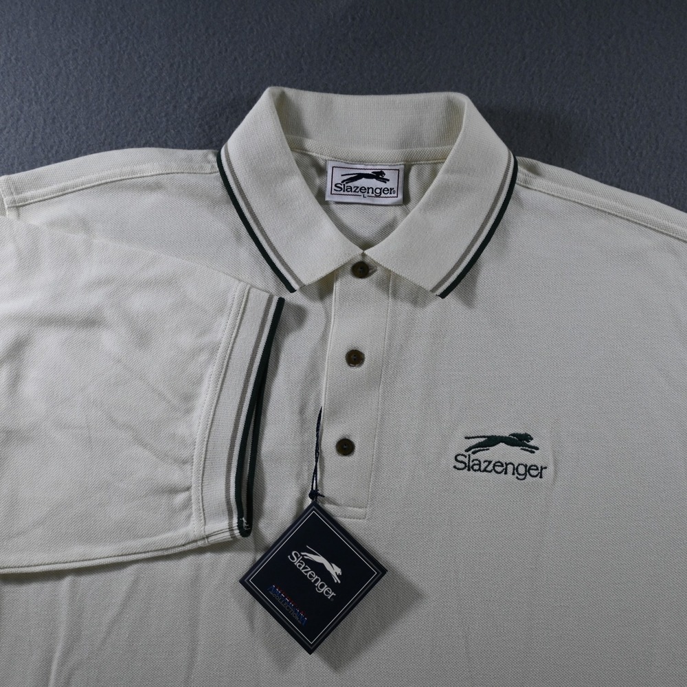 Slazenger Mens Americana Collection Polo Shirt Size Large Cream Forest Green 90s